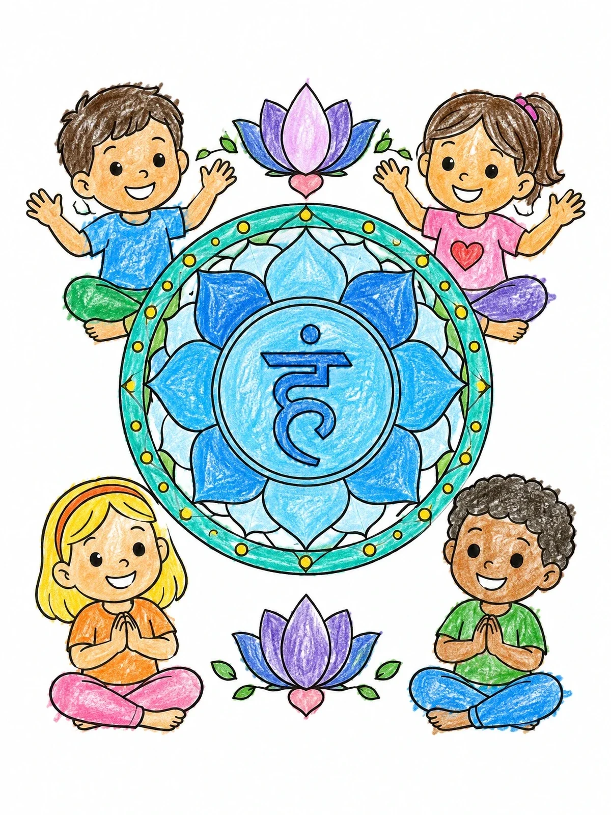 Colored example of the Throat Chakra Mandala With Happy Children coloring page
