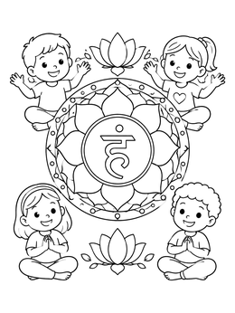 Free printable Throat Chakra Mandala With Happy Children coloring page