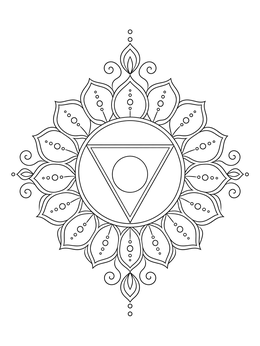 Intricate throat chakra coloring page featuring sixteen petals and geometric patterns.