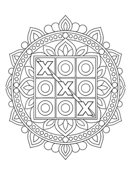Intricate mandala framing a winning tic-tac-toe game in this letter x coloring page.