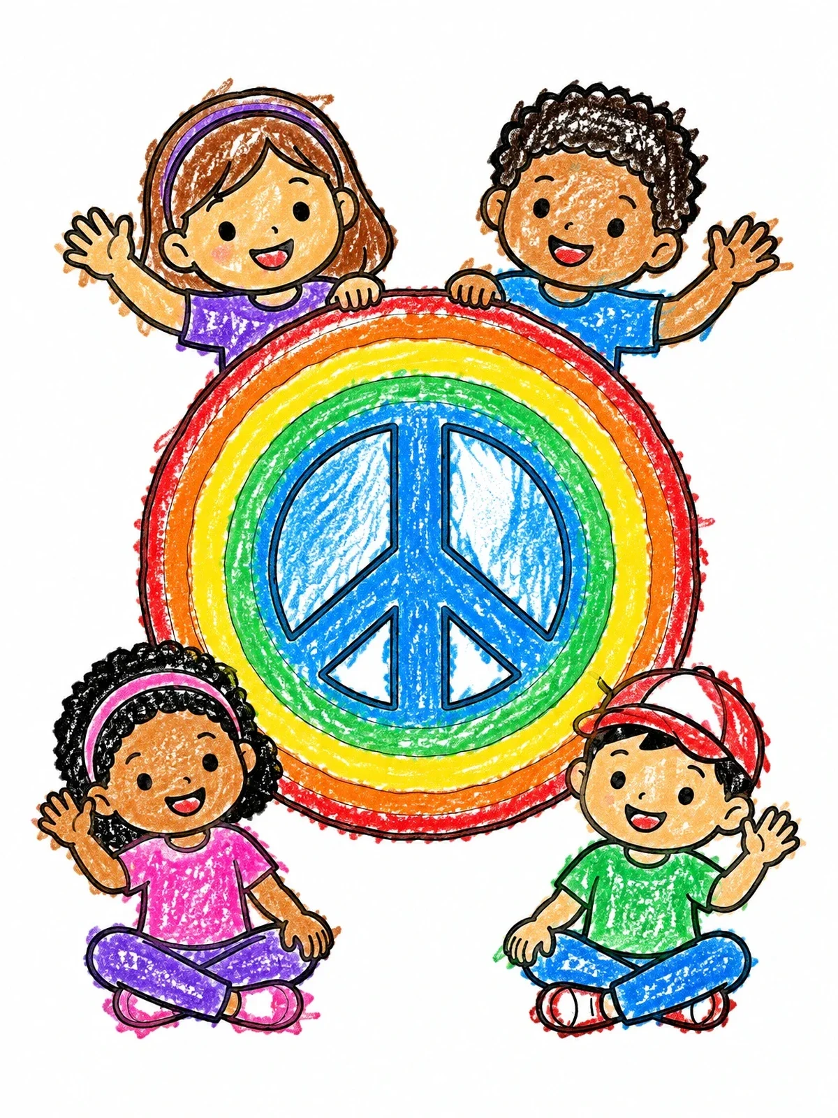 Colored example of the Happy Children Around Peace Sign coloring page