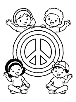 Free printable Happy Children Around Peace Sign coloring page