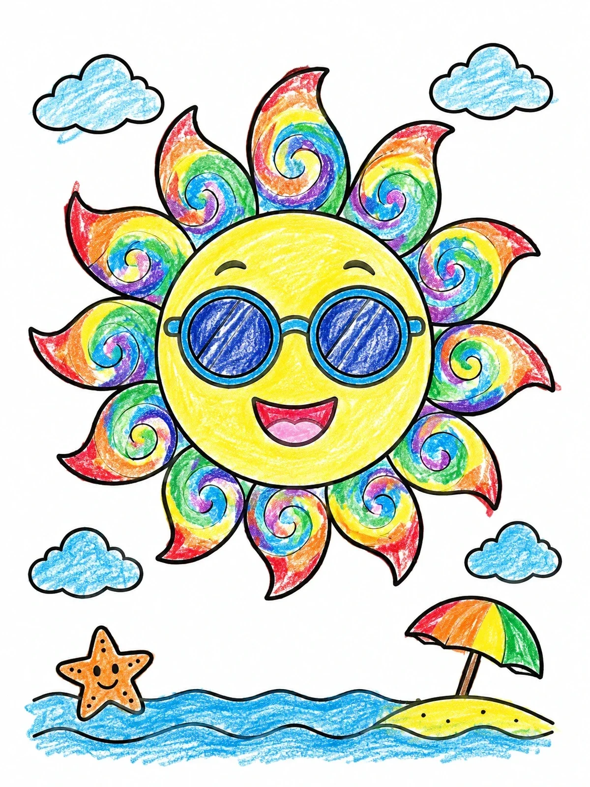 Colored example of the Cool Sun With Swirled Rays coloring page