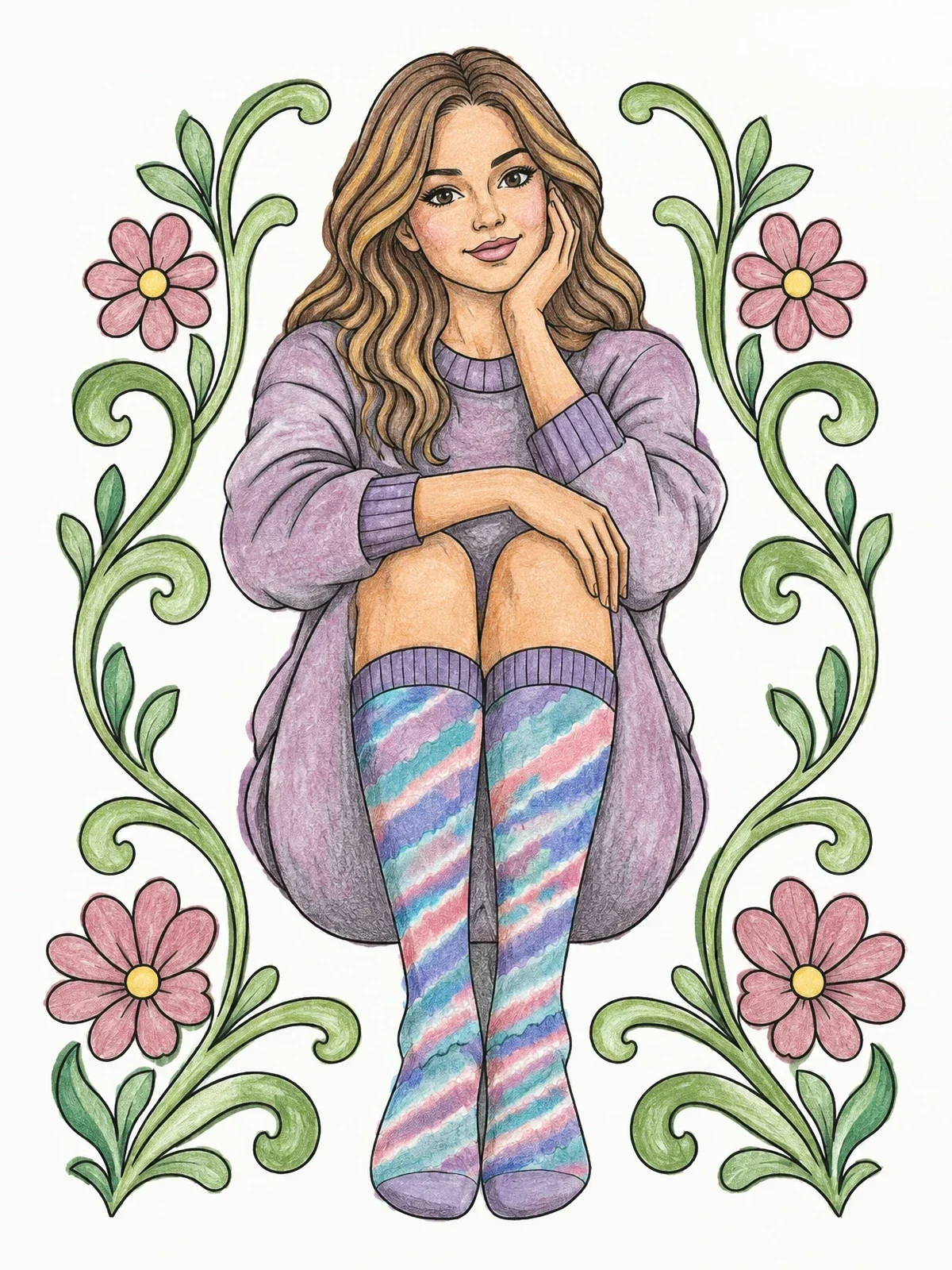 Colored example of the Cozy Woman Wearing Patterned Socks coloring page