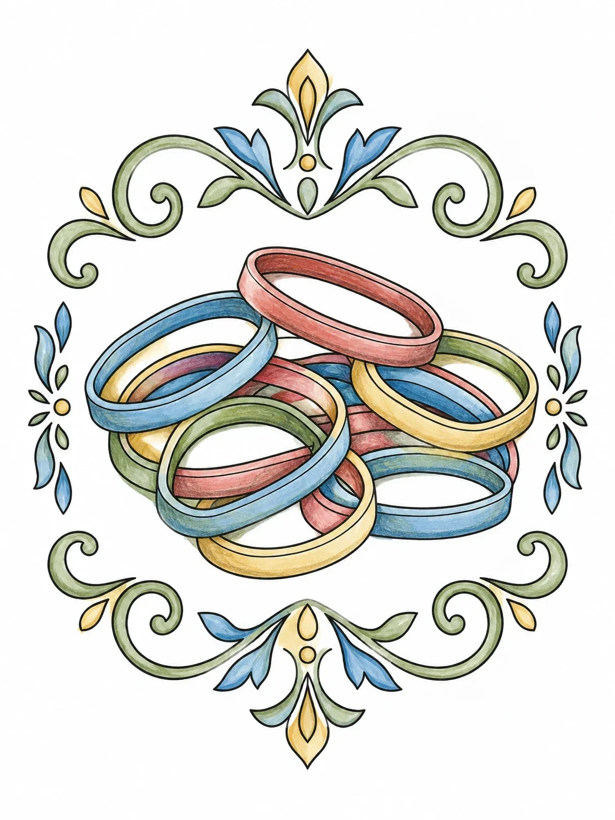 Colored example of the Rubber Bands With Ornate Border coloring page