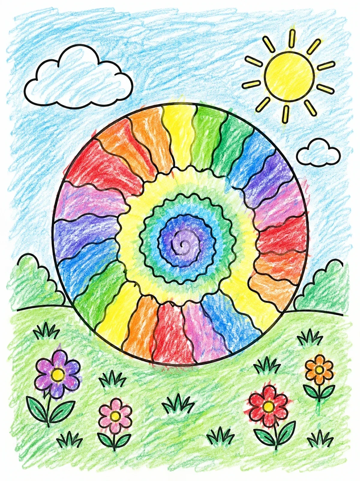 Colored example of the Tie Dye Spiral In Flower Meadow coloring page