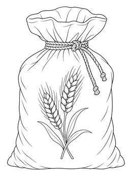 A tied burlap flour coloring page featuring an illustration of wheat stalks.