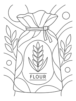 A decorative flour coloring page showing a tied cloth sack with wheat and patterns.