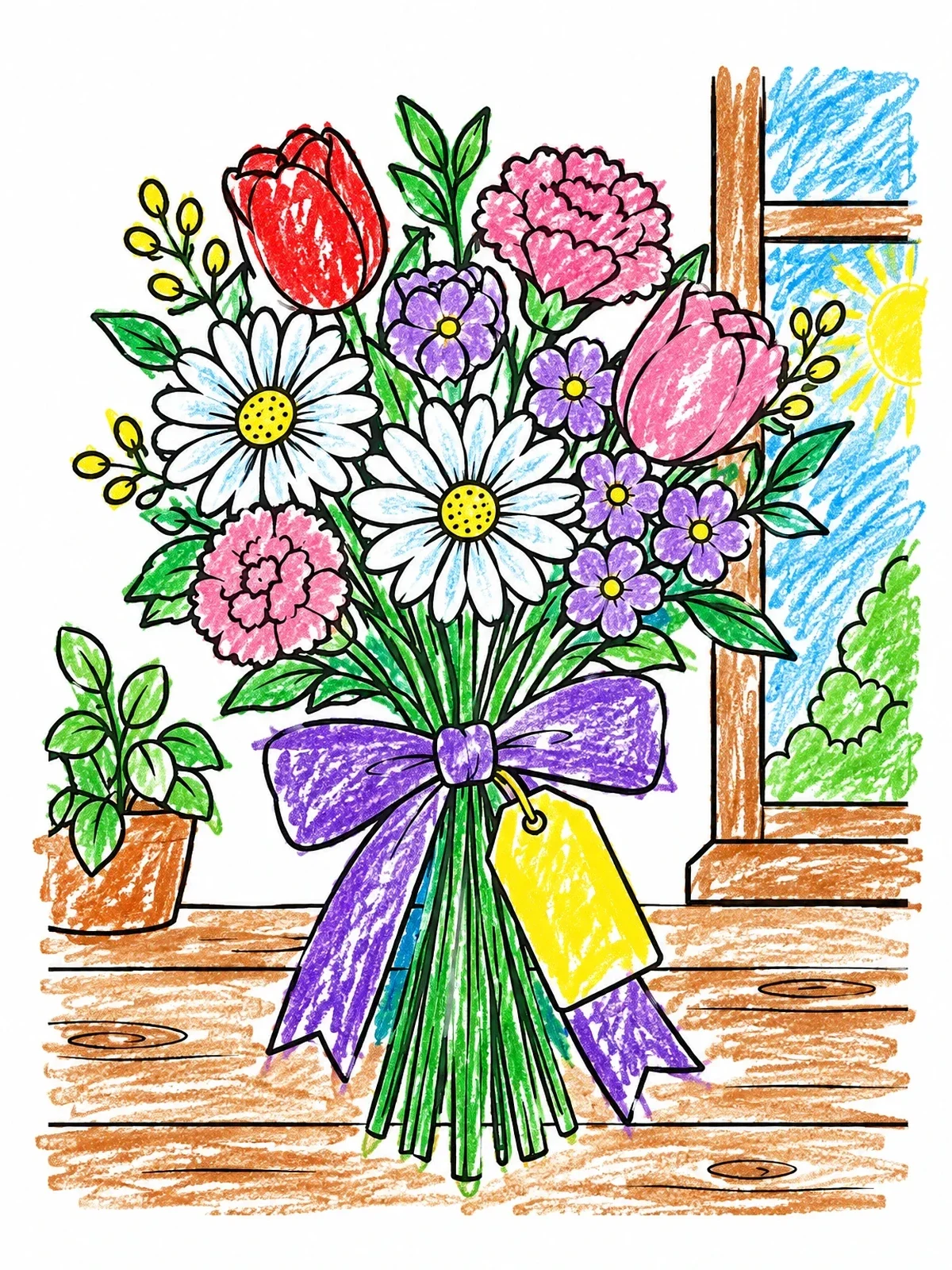 Colored example of the Tied Flower Bouquet By The Window coloring page