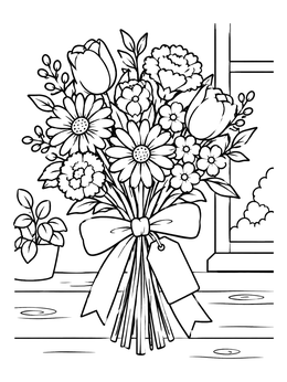A lovely flower coloring page showing a blooming bouquet with a big bow and gift tag.