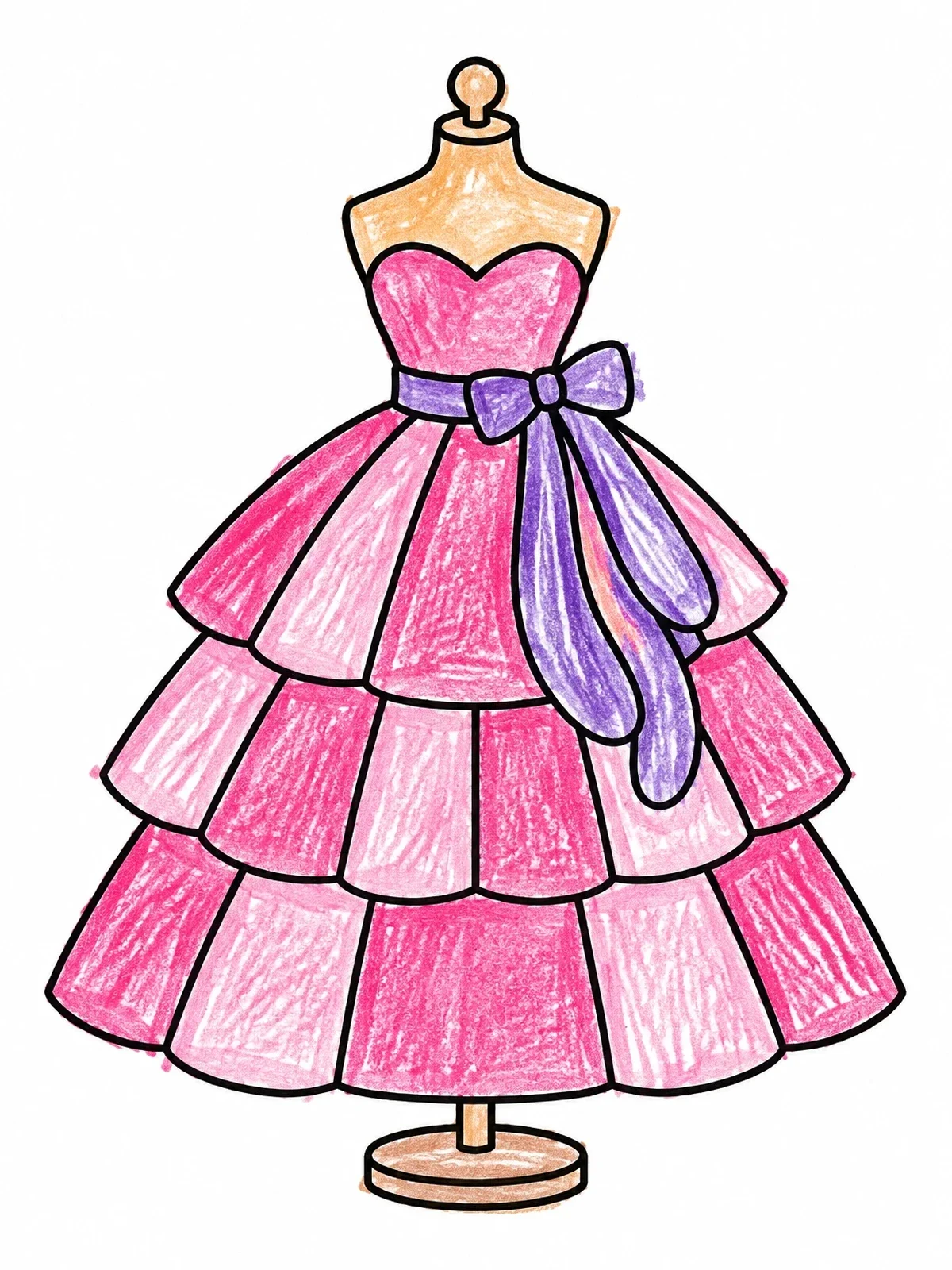 Colored example of the Tiered Ball Gown On Mannequin coloring page