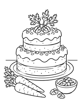 A delicious two-tiered carrot cake in a festive carrot coloring page.