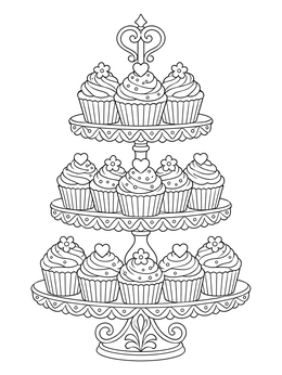 A decorative cake coloring page displaying three tiers of frosted cupcakes on an ornate stand.