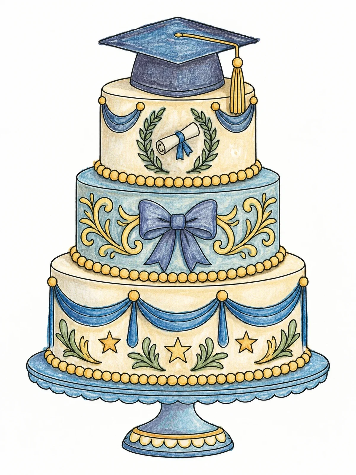 Colored example of the Tiered Graduation Cake With Cap coloring page