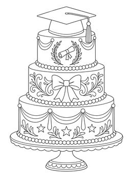 An ornate tiered graduation coloring page featuring a cake topped with a mortarboard.