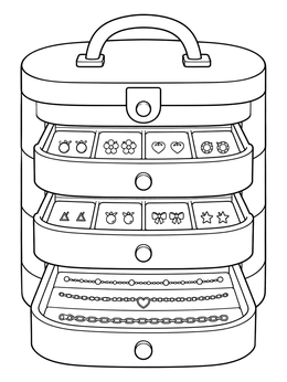 A jewelry coloring page showing an open tiered jewelry box with earrings and chains.