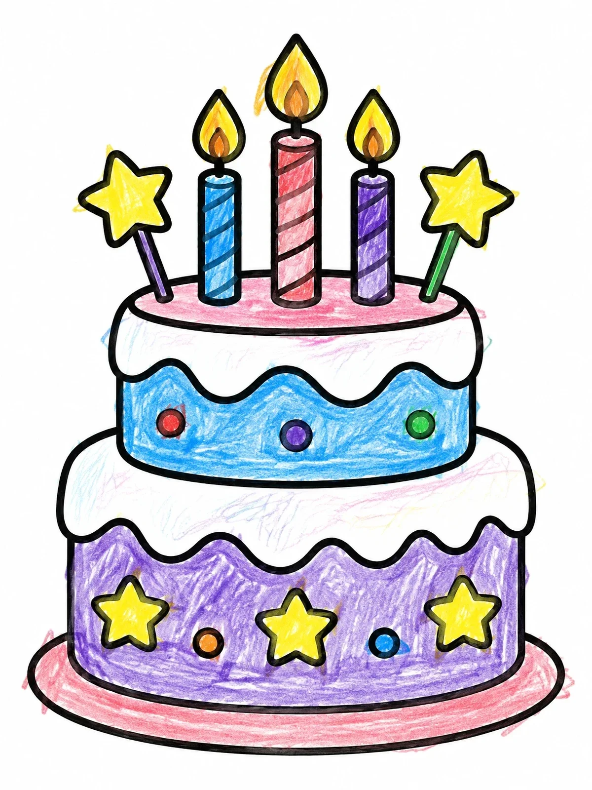 Colored example of the Tiered Birthday Celebration Cake coloring page