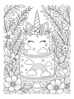 A detailed unicorn cake coloring page surrounded by lovely blossoms and foliage.