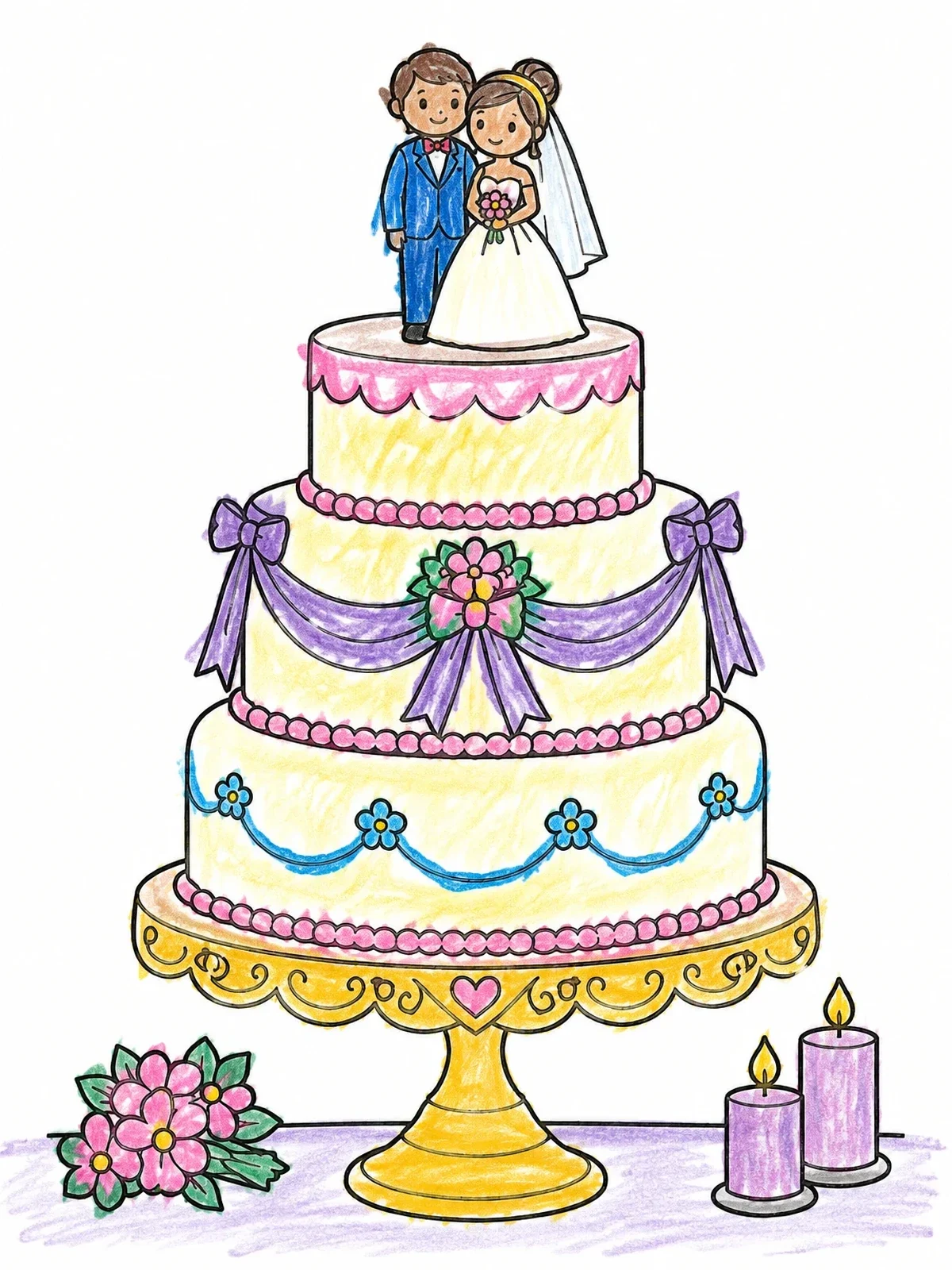 Colored example of the Tiered Wedding Cake With Cute Bride And Groom coloring page