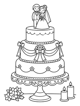 Free printable Tiered Wedding Cake With Cute Bride And Groom coloring page