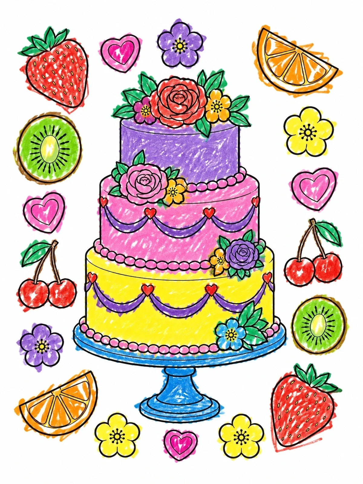 Colored example of the Tiered Wedding Cake With Fruits coloring page