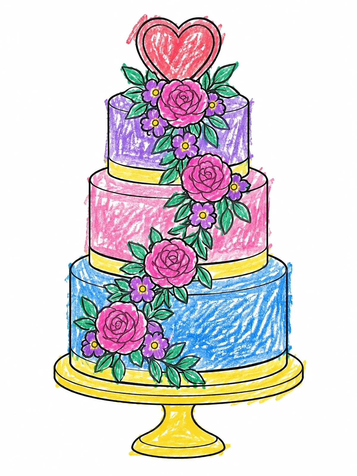 Colored example of the Tiered Floral Wedding Cake With Heart coloring page