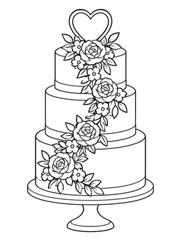 Free printable Tiered Floral Wedding Cake With Heart coloring page