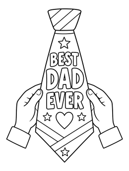 Two hands holding up a ties coloring page decorated with stars and Best Dad Ever text.