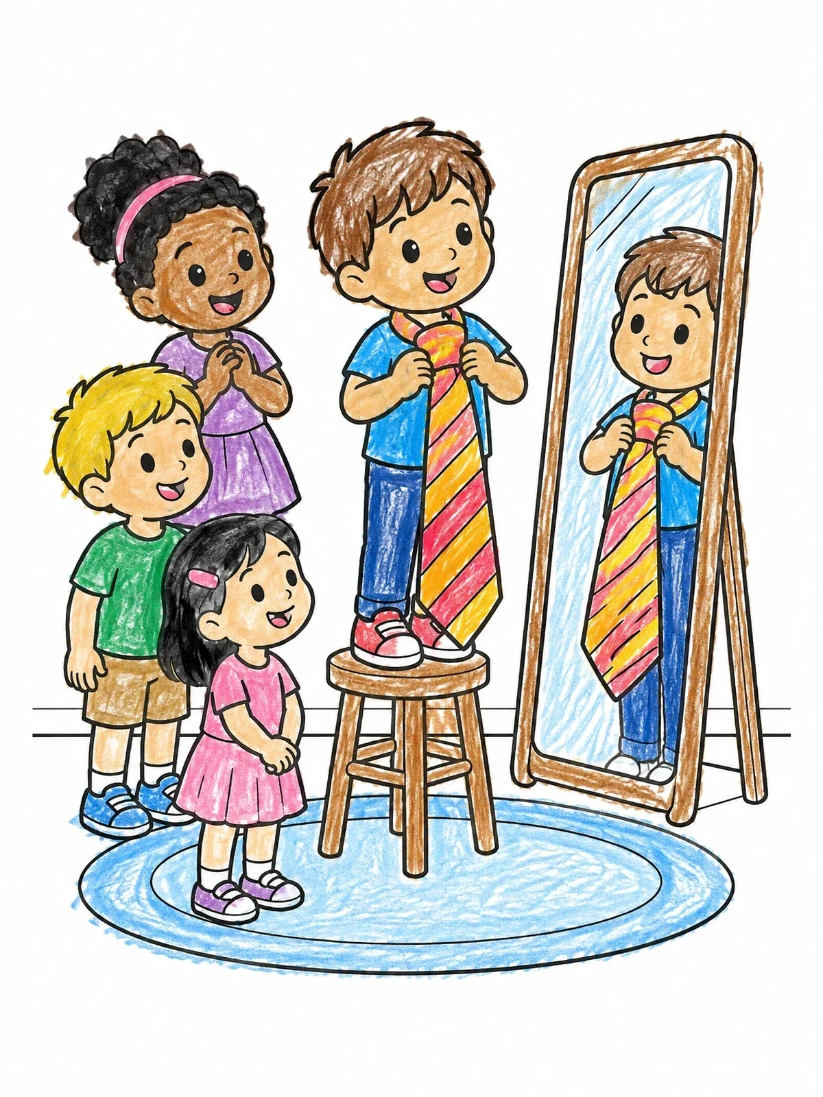 Colored example of the Little Boy Trying On Giant Tie coloring page