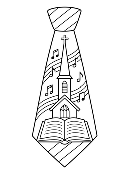 A chapel, open bible, and musical notes adorn this ties coloring page.