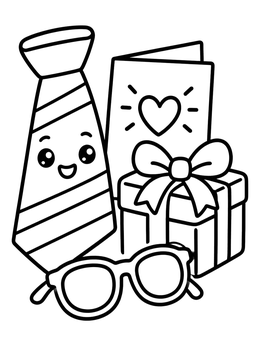 A cheerful necktie with a cute face, greeting card, gift box, and glasses on this fun ties coloring page.