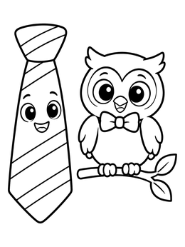 A smiling necktie and a cheerful little owl in this ties coloring page.