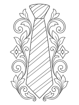 A striped ties coloring page framed by elegant ornamental leaf swirls.