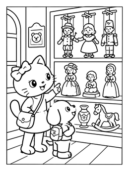 A sweet tiffany coloring page showing a kitten and puppy browsing vintage puppets and toys.