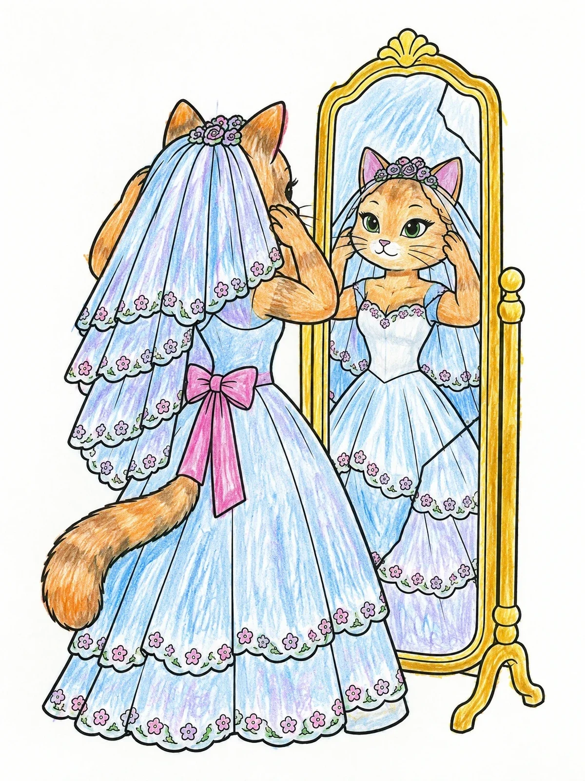 Colored example of the Cat Bride At The Vanity Mirror coloring page