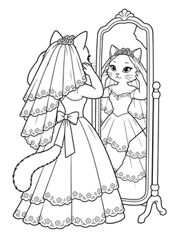 An elegant cat bride adjusting her veil in this tiffany coloring page.