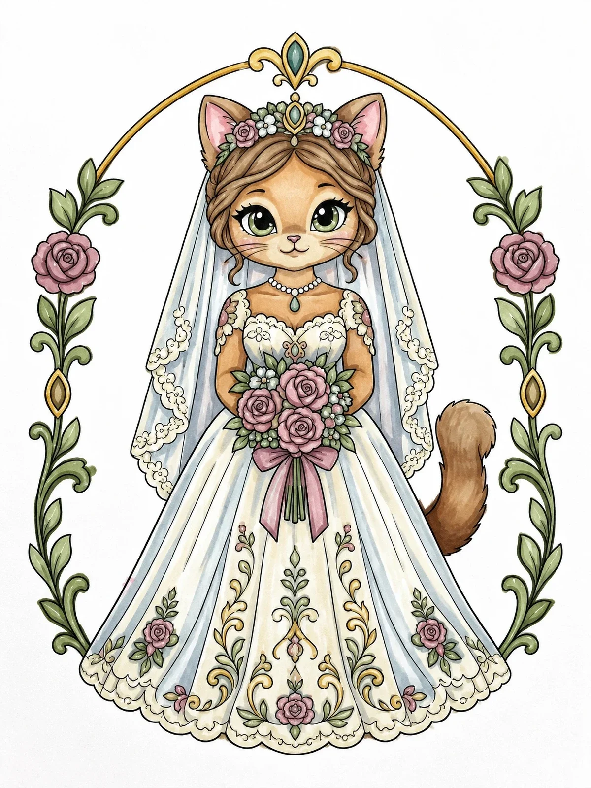 Colored example of the Cat Bride In Lace Wedding Gown coloring page