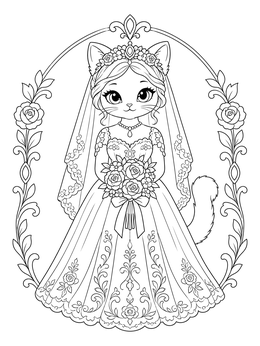 An anthropomorphic cat bride in an ornate gown highlights this tiffany coloring page.