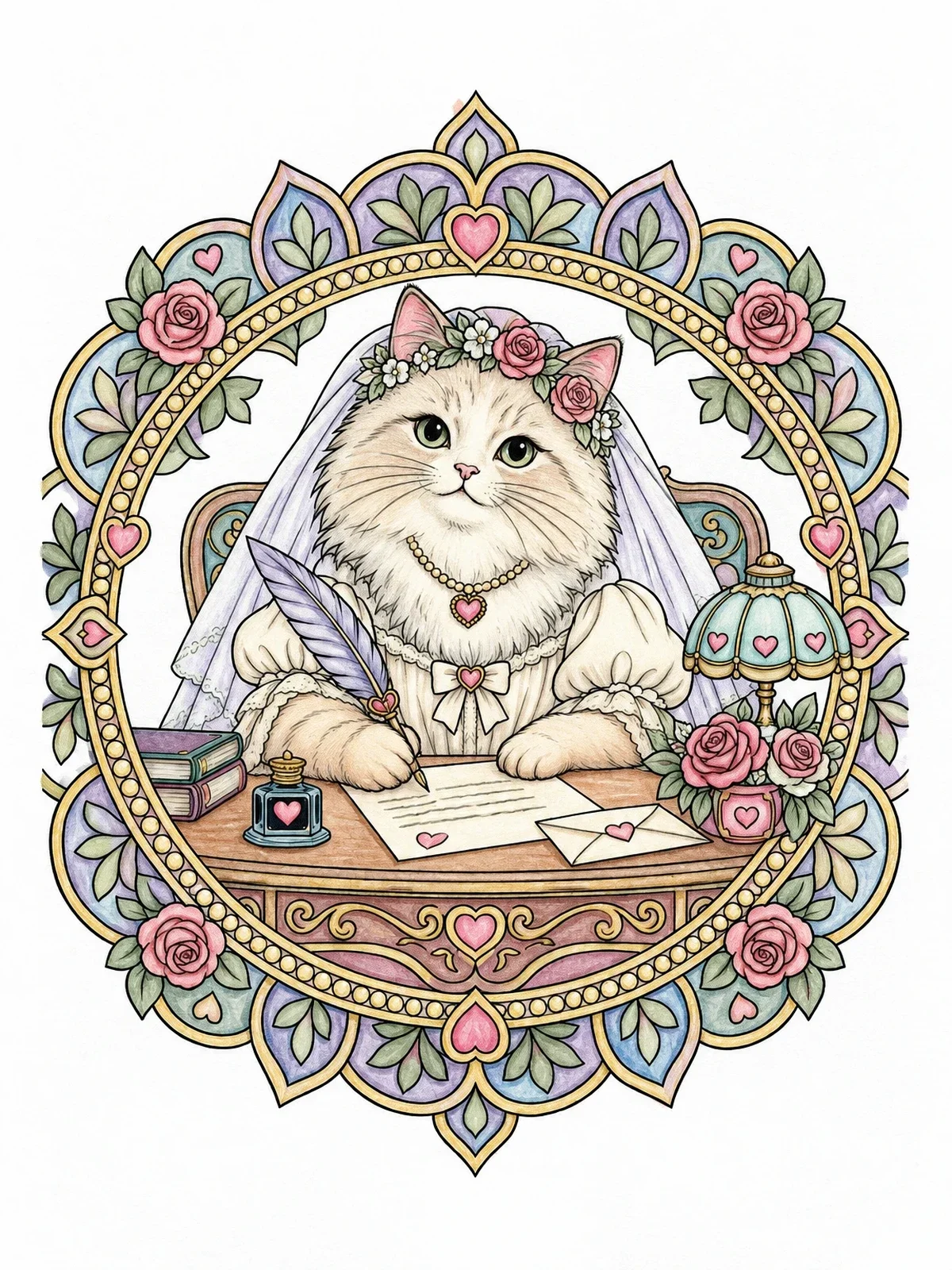 Colored example of the Fluffy Cat Bride Writing A Letter coloring page