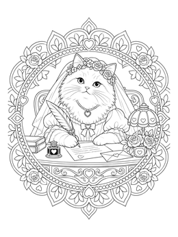 A fluffy cat bride writes a love letter in this tiffany coloring page.