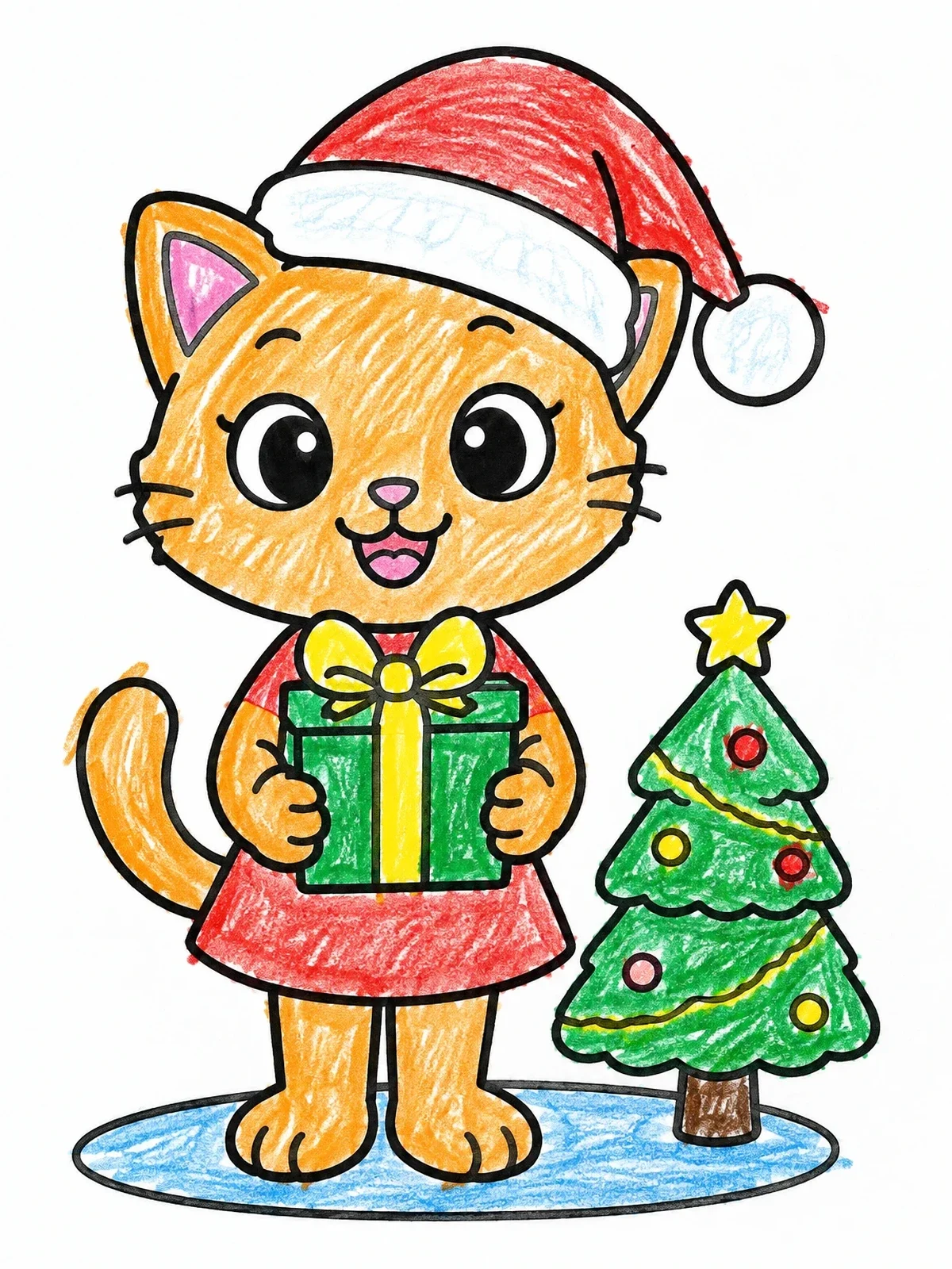 Colored example of the Tiffany Cat With Christmas Present coloring page