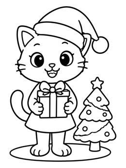 Free printable Tiffany Cat With Christmas Present coloring page
