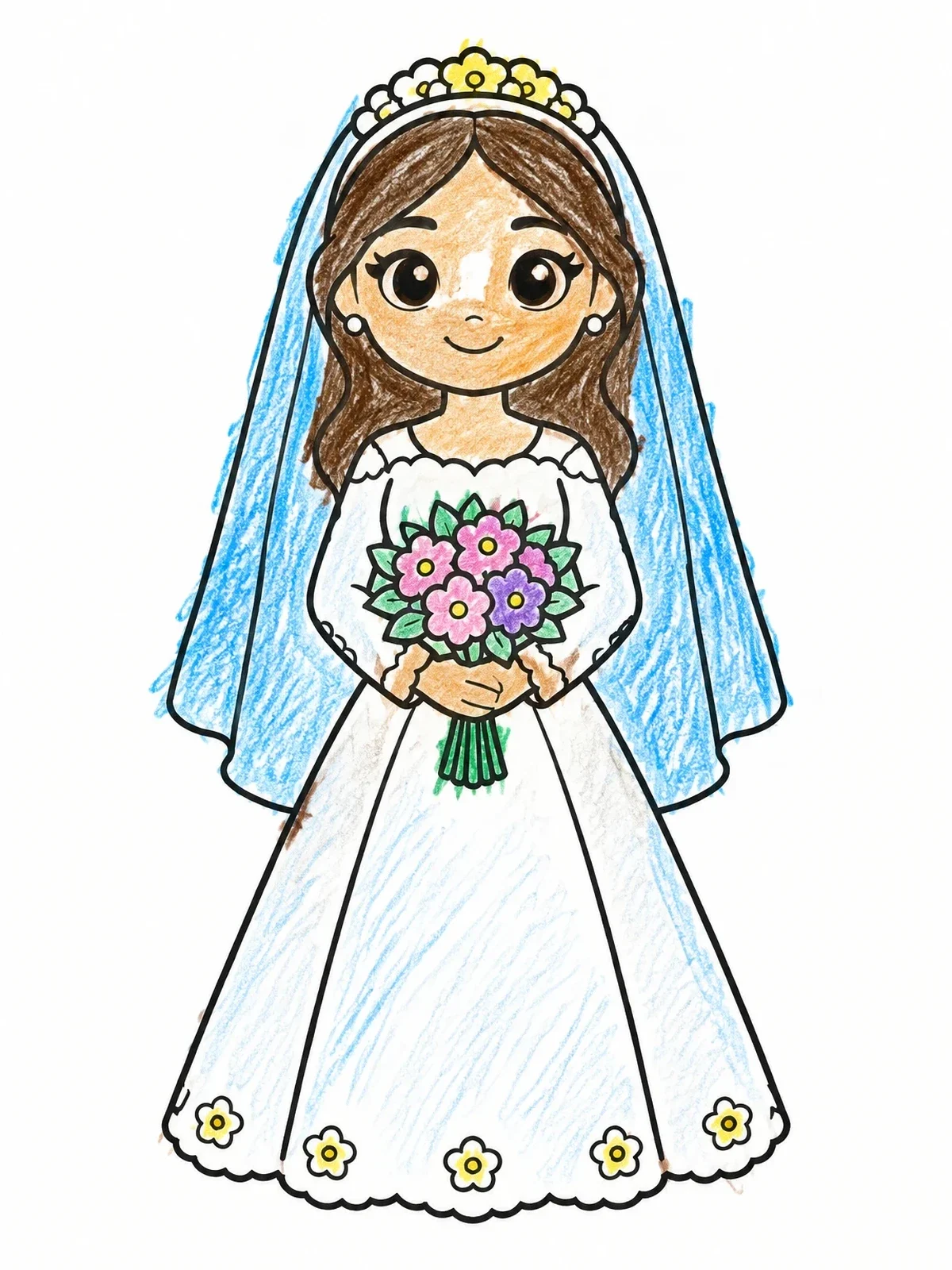 Colored example of the Cute Bride With Flower Bouquet coloring page
