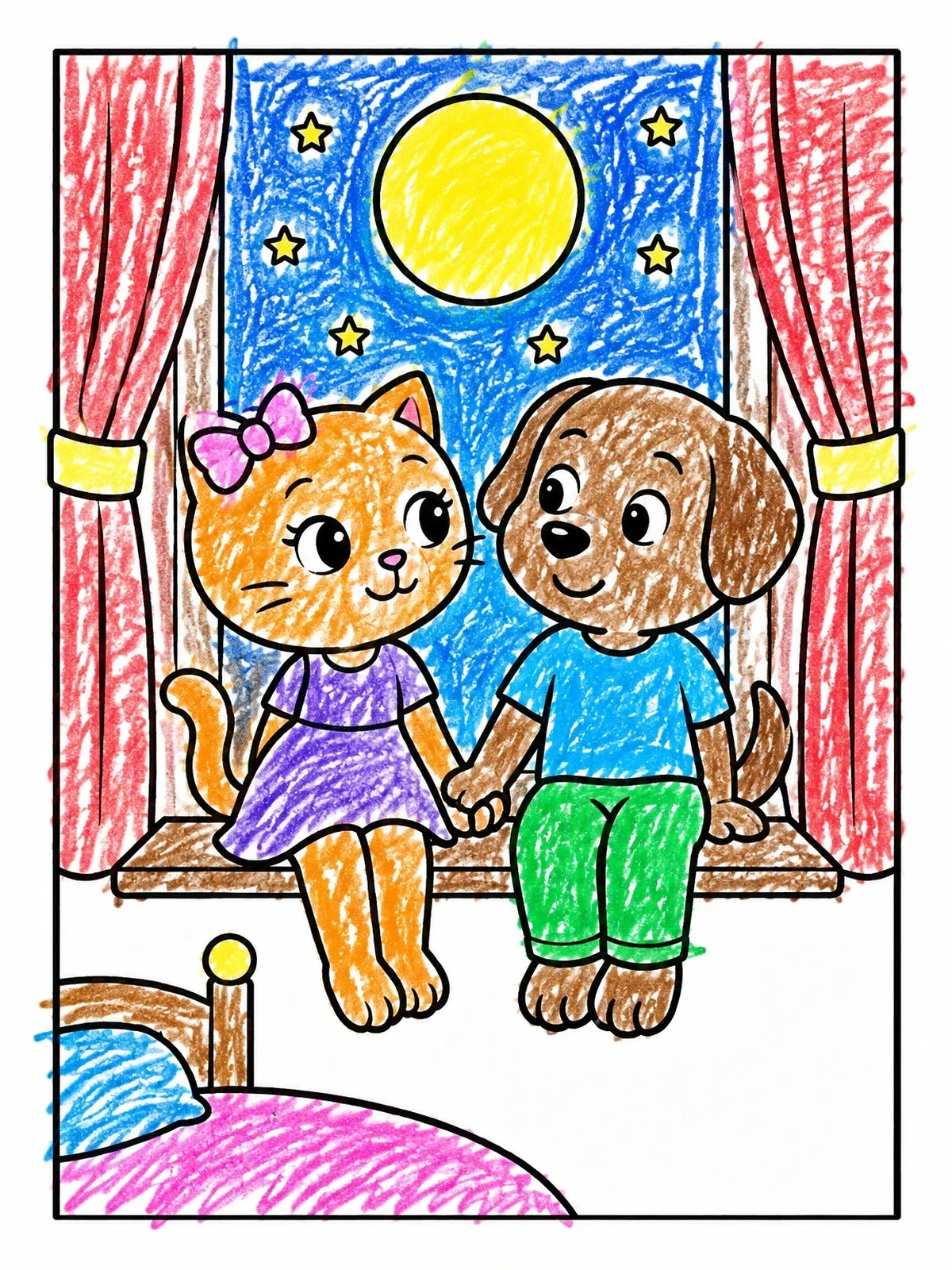 Colored example of the Cute Cat And Puppy By The Window coloring page