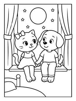 Free printable Cute Cat And Puppy By The Window coloring page