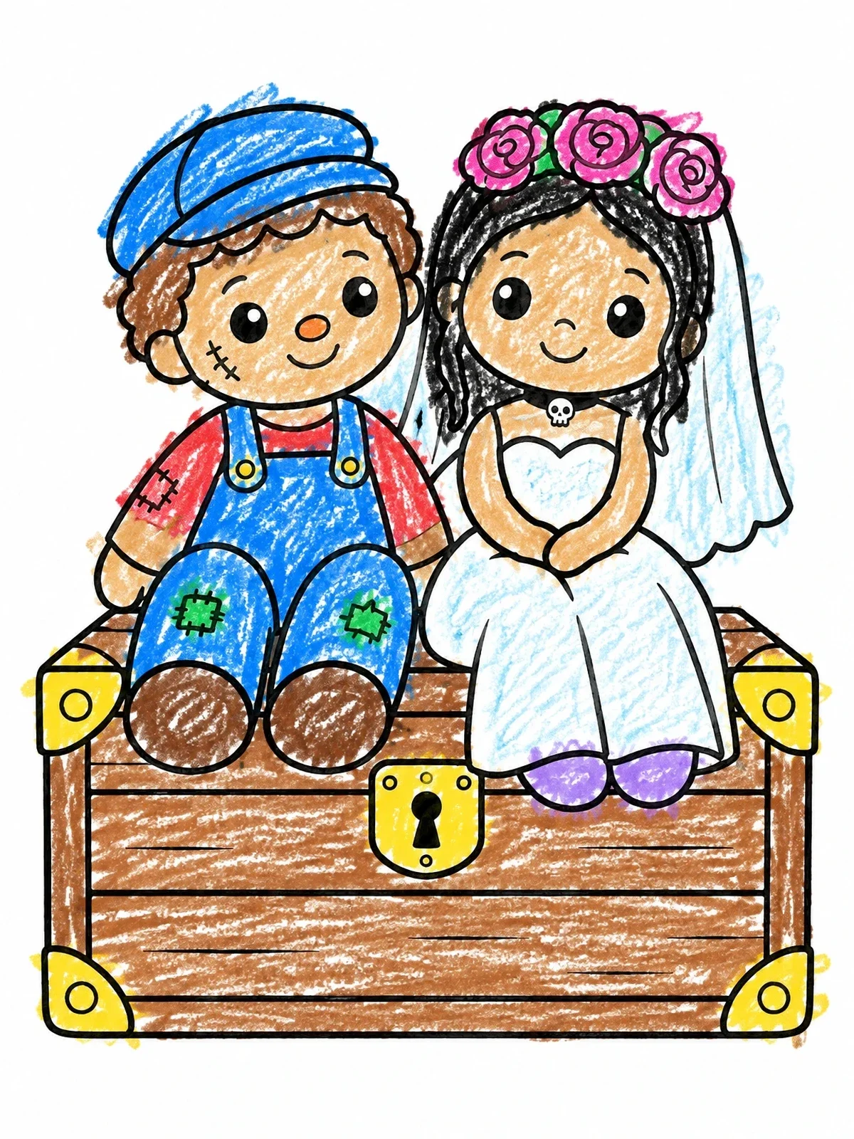 Colored example of the Cute Doll Couple On Toy Chest coloring page