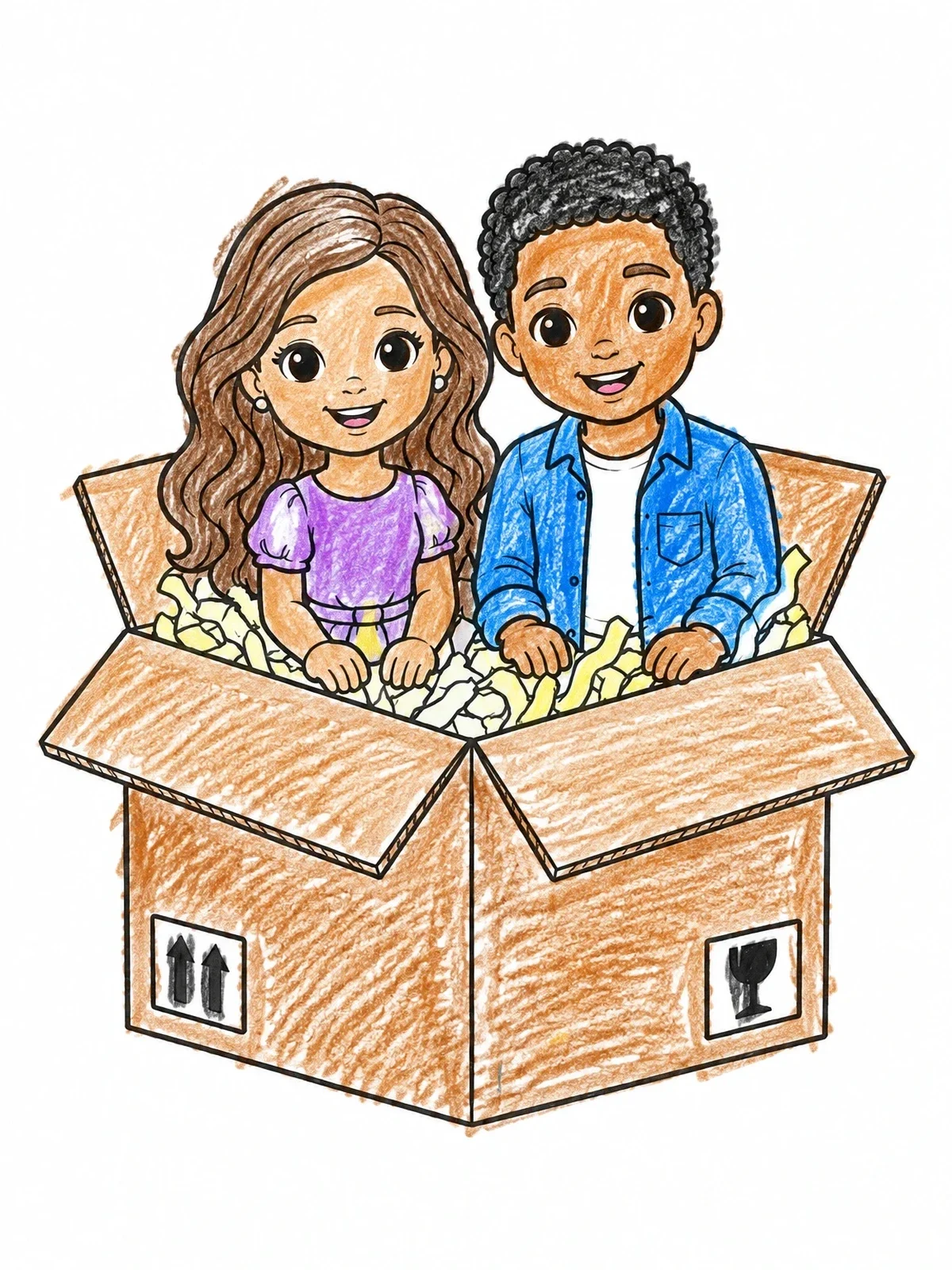 Colored example of the Cute Dolls In Cardboard Box coloring page