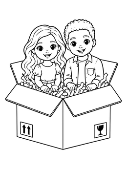Free printable Cute Dolls In Cardboard Box coloring page