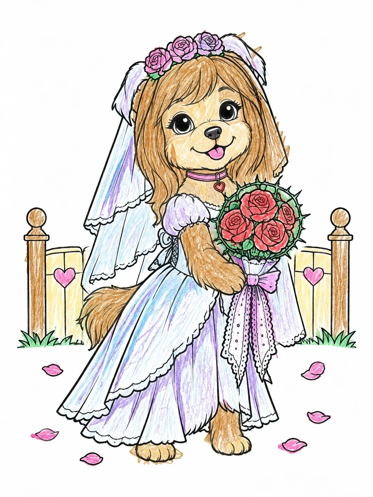 Colored example of the Cute Puppy Bride In Wedding Gown coloring page