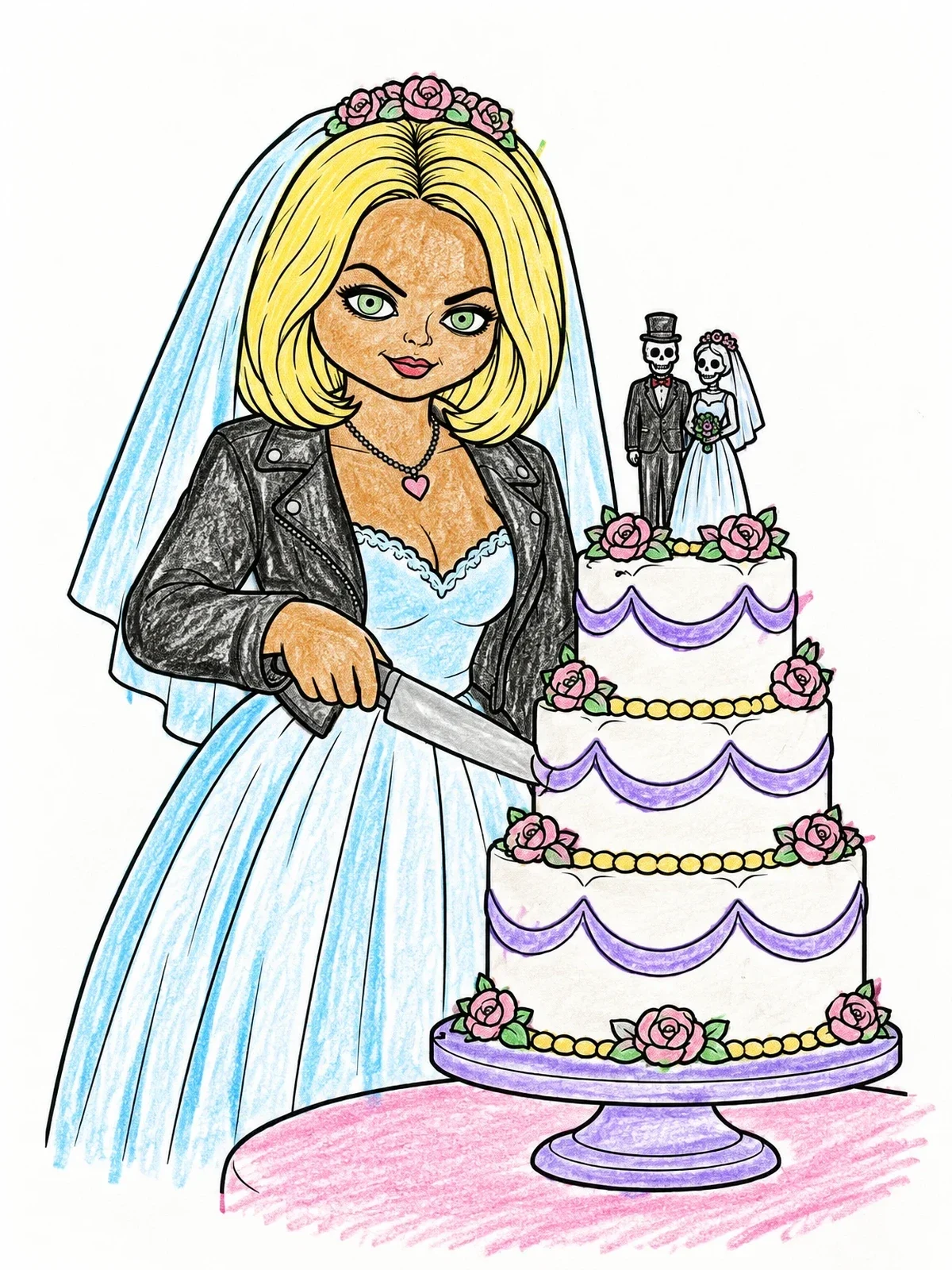 Colored example of the Doll Bride Slicing Wedding Cake coloring page